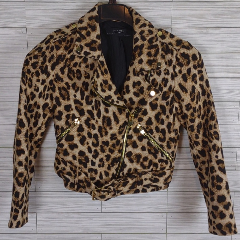 Zara Basic Cropped Cheetah Moto Jacket Removable Belt Women’s Sm EUC